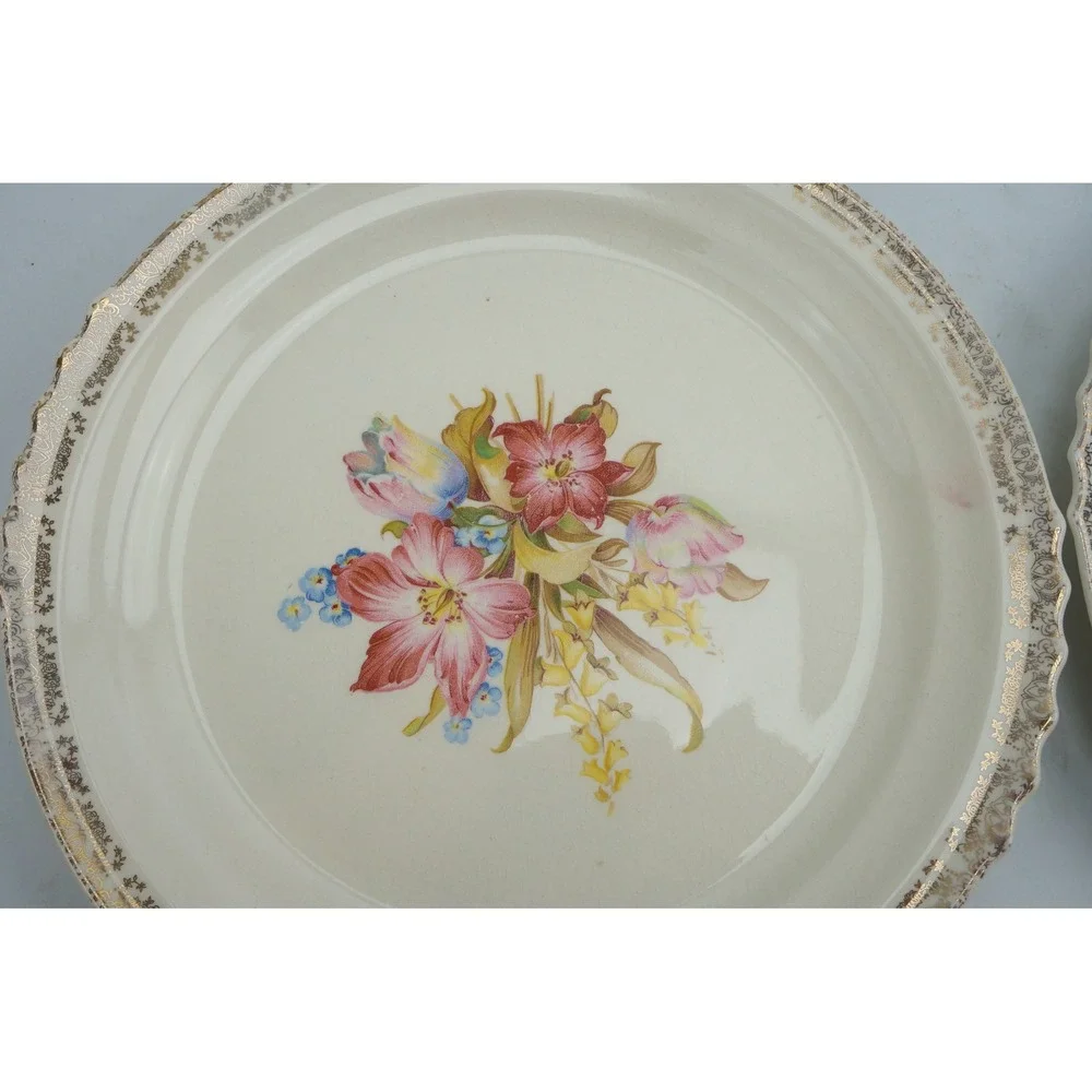 French Saxon China Dinner Plates Set of 4 Floral 22K Gold Trim Scalloped Good
